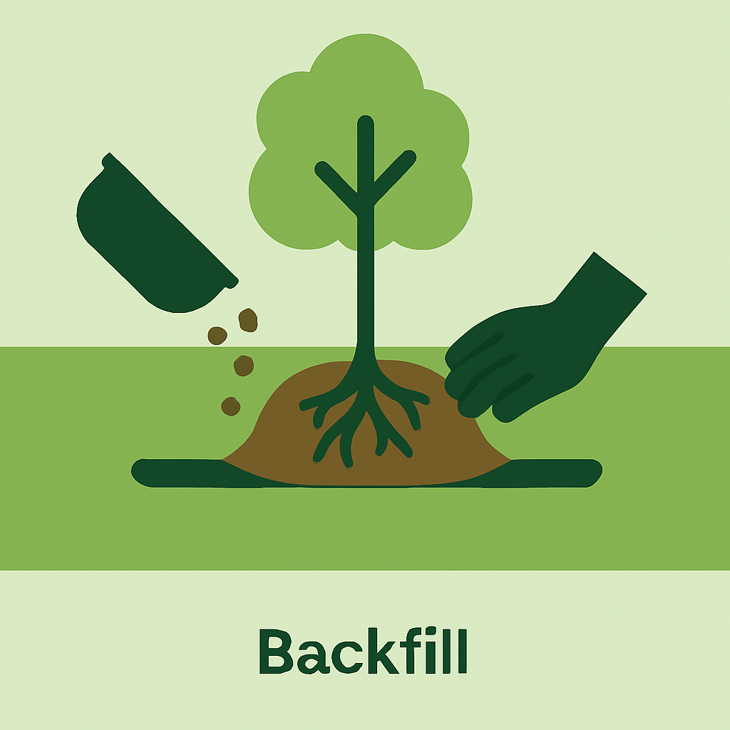 Backfilling soil around the newly planted tree